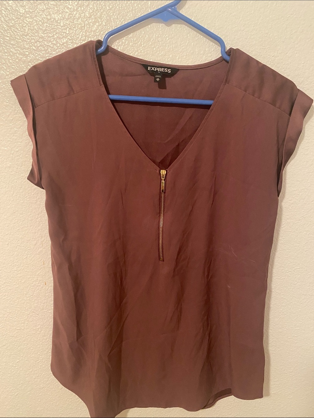 Express Brown V-Neck Zip Front Cap Sleeve Blouse